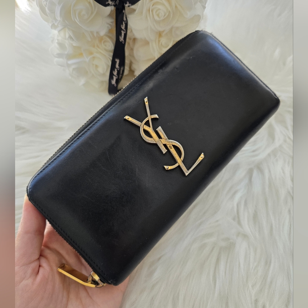 Yves Saint Laurent Black Leather Zip Wallet with Gold YSL Logo